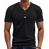 cheap Casual Henley Tee-Men&#039;s T Shirt Henley Shirt Tee Short Sleeve Shirt Short Sleeve V Neck Summer Plain Fashion Designer Basic Jacquard Vacation Street Going out Black White Khaki Top Tee for Men