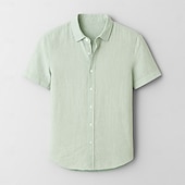 cheap Men&#039;s Elite Shirts-Men&#039;s 100% Linen Shirt Light Blue Light Yellow White Light Green Navy Blue Light Grey Short Sleeve Solid Color Shirt Collar School Formal Buttons Clothing Apparel Elegant Vacation Vintage Tropical