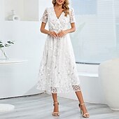 preiswerte Teelänge-A-Linie Kleid Brautmutterkleid Elegant V Ausschnitt Bodenlang Spitze Kurzarm mit Schärpe / Band Falten 2025