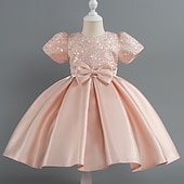 abordables Robes de fête-Tout-petit Fille Robe de Soirée Paillettes Manche Courte Mariage Soirée Paillettes Fermeture éclair Noeud de cravate Actif Adorable Polyester Mi-long Robe de Soirée Été Printemps Automne 4-7 ans