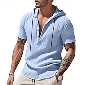 cheap Vacation-Men&#039;s Shirt Linen Shirt Popover Shirt Casual Shirt Cotton Shirt Plain Vacation Street Black White Navy Blue Brown Short Sleeve Hooded Summer Clothing Apparel Lace up