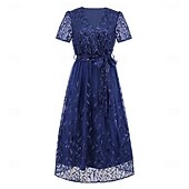 preiswerte Teelänge-A-Linie Kleid Brautmutterkleid Elegant V Ausschnitt Bodenlang Spitze Kurzarm mit Schärpe / Band Falten 2025