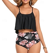 abordables Maillots une pièce et tankinis-Femmes Tankini Maillot De Bain Deux Pièces Dos nageur Maillot de Bain Floral Maillots de Bain Noir Rose Claire Respirant Séchage Rapide Sans manches - Natation Surf Plongée en apnée Été