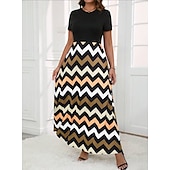 preiswerte Streifen- und geometrisches Kleid-Damen Maxikleid A Linie Kleid Sommerkleid Lässig Täglich Normale Passform Geometrisch Kurzarm Rundhalsausschnitt Gelb Sommer