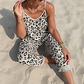 abordables monos casuales-Mujer Normal Mono Ropa de calle Leopardo Sin Mangas Escote en Pico Estampado Calle Noche Ajuste regular Blanco Verano