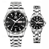 baratos Relógios Quartz-Dois mostradores romanos redondos com diamantes aquáticos, mostrador luminoso, relógio de casal ipx7 à prova d&#039;água, relógio de quartzo com calendário e data, pulseira de aço inoxidável elegante,