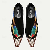 ieftine Mocasini din piele premium-Mocasini bărbătești din catifea brodată, cu design colorat cu păsări și vârf metalic – pantofi eleganti de lux, fără mâneci, pentru petreceri și nunți