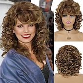 baratos Perucas Históricas-Peruca de cabelo sintético comprimento dos ombros dos anos 1970 para mulheres, peruca marrom misturada e ondulada com franja, peruca de substituição de cabelo castanho chocolate grosso e saltitante,