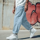 cheap Retro-Men&#039;s Linen Pants Trousers Summer Pants Baggy Pants Beach Pants Drawstring Elastic Waist Straight Leg Plain Comfort Breathable Full Length Casual Daily Holiday Vacation Fashion Black White