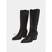 baratos Festa da Vida Noturna-Botas de cowboy femininas com strass - botas pretas de festa estilo western até o joelho com bico fino e salto grosso para festivais de música e eventos noturnos