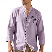 halpa miesten napillinen paita-Miesten Paita Kesä paita Rento paita Rantapaita Button Up paita Musta Valkoinen Purppura khaki Harmaa Pitkähihainen Kookospuu Nauhakaulus Loma Havaijilainen Painettu Vaatetus Polyesteri Muoti