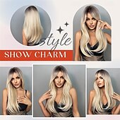 preiswerte Trendige synthetische Perücken-Ombre-Perücke in Gold mit Pony – langes glattes Haar mit dunklen Haarwurzeln und leichten Locken nach innen an den Enden – hitzebeständiges Kunsthaar für Frauen – ideal für alltägliche Partys und