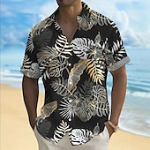 billige Tropiske planter-Herre Palmeblad Tropiske planter Hawaii skjorte Skjorte med knapper Aloha skjorte Kortermet Hawaiisk Ferie Strand Klær Sommer Vår Aftæpning 3D-utskrift krage skjorter Front One Lomme Svart Grønn