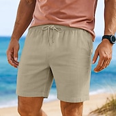 baratos Feriado-Homens Shorts de algodão e linho Calção Shorts de verão Shorts de praia Bolsos Com Cordão Cintura elástica Côr Sólida Conforto Respirável Comprimento do joelho Casual Diário Feriado Férias Moda Preto