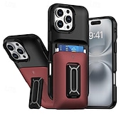 رخيصةأون جرابات آيفون-جراب هاتف ملون مقاوم للصدمات لهاتف iPhone 16 Pro Max Plus / 15 / 14 / 13 / 12 Pro Max - فتحة بطاقة منزلقة مع مسند، غطاء خلفي من الكمبيوتر الشخصي