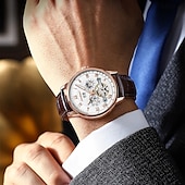 abordables Relojes mecánicos-Reloj mecánico automático hueco de lujo resistente al agua con fecha. &amp;Reloj de cuero de moda para hombre, reloj de negocios para hombre, reloj de ocio.