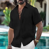 voordelige Vakantie-Voor heren Overhemd Linnen overhemd Zomer overhemd Button-down overhemd Normaal shirt Strand hemd Effen Kleur Vakantie Dagelijks Zwart Wit Blozend Roze blauw Korte mouw Kraag Zomer Kleding