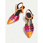 economico Stile Disco &amp; Hippie anni ’70-scarpe con tacco a T metallizzate arancioni e fucsia da donna – décolleté a punta colorblock in stile kitten retrò per feste danzanti, discoteche ed eventi vintage anni '70