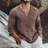 economico Vacanza-Per uomo Camicia Camicia di lino Camicia popover Camicia Estiva Abbigliamento da spiaggia Linea Vacanza Streetwear Marrone Cachi Manica Lunga Scollo a V Estate Primavera Abbigliamento