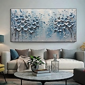cheap Floral/Botanical Paintings-Handmade Original Blue Flowers Oil Painting On Canvas Abstract Tree Scenery Wall Art for Home Decor With Stretched Frame Without Inner Frame Painting