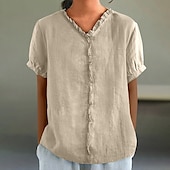 abordables Chemises-Chemisier en coton et lin pour femme, couleur unie, élégant, décontracté, manches courtes, col en V, régulier, quotidien, vacances, plissé, noir, blanc, rose, violet, vert, été