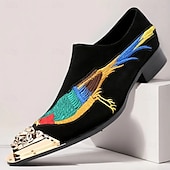 ieftine Mocasini din piele premium-Mocasini bărbătești din catifea brodată, cu design colorat cu păsări și vârf metalic – pantofi eleganti de lux, fără mâneci, pentru petreceri și nunți
