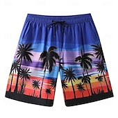 baratos Calções Elite Masculinos-Homens Calção Shorts de praia Bolsos Com Cordão Imprimir Gráfico Folha Árvore Respirável Secagem Rápida Comprimento do joelho Ao ar livre Férias Casa Férias Estilo Étnico Azul Céu Azul escuro