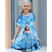 halpa 3D sarjakuva lipasto-Tyttöjen 3D Piirretty Lumihiutale Mekko Lyhythihainen Kesä Kevät Loma Päivittäin Pyhäpäivä Prinsessa Kaunis Makea Lapset 4-12 vuotta Rento mekko Polvipituinen Normaali