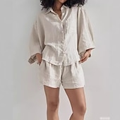tanie Zestawy-Damskie Aktywny Moda Koszula Koszule bawełniane lniane Bluzka Rękaw 3/4 Kołnierzyk koszuli Jednokolorowe Dubbele Rij Knopen Urlop Codzienne Niebieski Brązowy Beżowy Lato Regularny