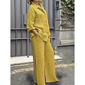 preiswerte Sets-Damen Aktiv Basic Baumwoll-Leinen-Sets Langarm Hemdkragen Einfarbig Alltagstauglich Schwarz Weiß Gelb Sommer Normale Passform