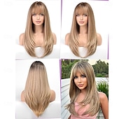economico Parrucche trendy sintetiche-parrucche lunghe e lisce per donne con frangia a strati, parrucche sintetiche biondo cenere con radici scure per donne