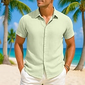 preiswerte Urlaub-Herren Hemd Leinenhemd Sommerhemd Durchgeknöpft Hemd Freizeithemd Strandhemd Einfarbig Urlaub Lässig Schwarz Weiß Rosa Grün Kurzarm Kragen Sommer Bekleidung