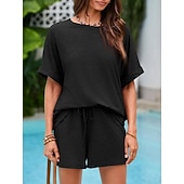 billiga Blusdräkter för kvinnor-Dam Set med shorts Bolero Top Kortärmad Rund hals Ensfärgat Snörning Mode Streetwear Ledigt Dagligen Utomhus Blå Svart Brun Sommar Lös passning