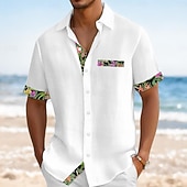 voordelige Vakantie-Voor heren Overhemd Linnen overhemd Zomer overhemd Strand Kleding Overhemd met knopen Effen Kleur Vakantie Curise Zwart Wit Blozend Roze Groen Korte mouw Kraag Zomer Lente zomer Kleding Kleurenblok