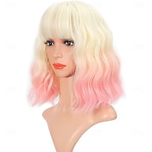 voordelige Synthetische trendy pruiken-Ombre 2-tone kleur krullende bob pruik met luchtpony natuurlijke krullende golvende korte bob pruiken schouderlange pruiken synthetische cosplay voor meisjes kleurrijke pruiken 12&#039;&#039; blond tot roze