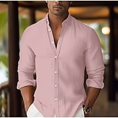 preiswerte Urlaub-Herren Hemd Leinenhemd Sommerhemd Strandbekleidung Knopfhemd Einfach Urlaub Kreuzfahrt Weiß Rosa Blau Orange Langarm Revers Frühling &amp; Sommer Bekleidung