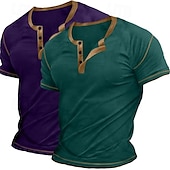 economico Maglietta casual Henley-Maglietta Henley da uomo in 2 pezzi, a maniche corte, semplice, con maniche raglan, alla moda, stile basic, con bottoni, confezione da 2, per vacanza, strada, casual, estate, tutte le stagioni.
