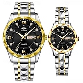 baratos Relógios Quartz-Dois mostradores romanos redondos com diamantes aquáticos, mostrador luminoso, relógio de casal ipx7 à prova d&#039;água, relógio de quartzo com calendário e data, pulseira de aço inoxidável elegante,