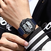 baratos Relógio Automático-Relógio esportivo digital masculino à prova d&#039;água com display LED quadrado, hora dupla, semana e data, pulseira de silicone, relógio de pulso casual