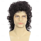 levne Historické paruky-Hnědé kudrnaté mullet paruky pro muže 80. let dlouhé kudrnaté hippie rockové kostýmy cosplay paruka Halloweenské paruky
