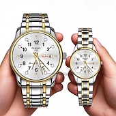 baratos Relógios Quartz-Conjunto de relógio de quartzo para casal, 2 peças – mostrador digital redondo, à prova d&#039;água ipx7, ponteiros luminosos, calendário duplo (data e dia), pulseira de liga, estilo empresarial unissex, ideal para encontros e presentes