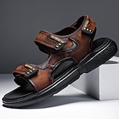 cheap Outdoor Sandals-Men&#039;s Brown Faux Leather and Mesh Sport Sandals with Dual Buckle Straps – Durable Outdoor Sandals for Hiking, Beach or Vacation Wear