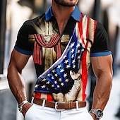 お買い得  独立記念日-アメリカ独立記念日 男性用 アメリカの米国旗 ジップポロ 半袖 折襟 カジュアル / スポーティ アスレイジャー カジュアル／普段着 祭り 3Dプリント 夏 ロビンエッグブルー