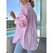 voordelige Dames Strepen &amp; Geometrische Tops-Dames Overhemd Bloemig Stijlvol Casual Lange mouw Overhemdkraag Normale tops Dagelijks Knop Zak Afdrukken Blozend Roze blauw Khaki Zomer Lente