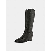 baratos Festa da Vida Noturna-Botas de cowboy femininas com strass - botas pretas de festa estilo western até o joelho com bico fino e salto grosso para festivais de música e eventos noturnos
