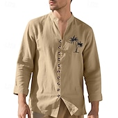 halpa miesten napillinen paita-Miesten Paita Kesä paita Rento paita Rantapaita Button Up paita Musta Valkoinen Purppura khaki Harmaa Pitkähihainen Kookospuu Nauhakaulus Loma Havaijilainen Painettu Vaatetus Polyesteri Muoti