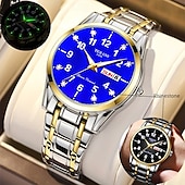 baratos Relógios Quartz-Conjunto de relógio de quartzo para casal, 2 peças – mostrador digital redondo, à prova d&#039;água ipx7, ponteiros luminosos, calendário duplo (data e dia), pulseira de liga, estilo empresarial unissex, ideal para encontros e presentes