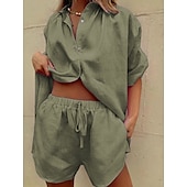 abordables Ensembles-Femmes Actif Basique Ensembles en coton et lin Manche Courte Col de chemise Couleur Unie Décontracté Quotidien Vert Véronèse bleu marine Vert foncé Été Coupe régulière