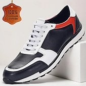 cheap Classic Dress Shoes-Men&#039;s Premium Leather Sneakers – Stylish Lace-Up Running Shoes with Red and White Accents for Sports, Travel and Everyday Wear