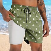 olcso Ocean Print-Férfi Tengeri Horgony Bélelt rövidnadrág 2 az 1-ben úszónadrág Úszónadrágok Közepes csípő Hawaii Vakáció Szabadság Strandruházat Oldalzsebek Compression Linerrel Elasztikus húzózsinóros derékrész